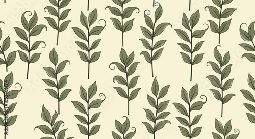 A repeating pattern of olive green fern fronds against a pale cream background.