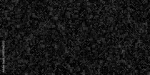Intricate monochrome digital pattern featuring a dense mosaic of dark grey pixelated glyphs and abstract geometric symbols on a black background, creating a complex technical noise texture.