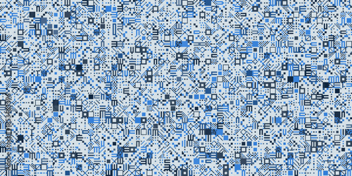 A dense digital pattern on a light blue background featuring intricate pixelated symbols geometric shapes and blue squares resembling data streams