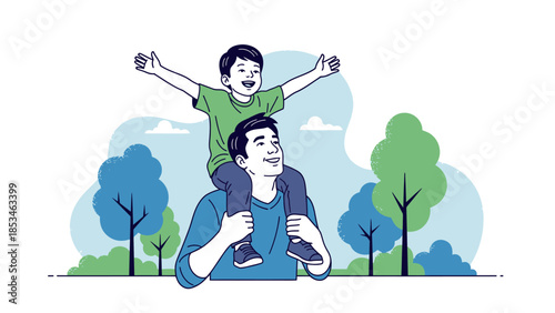 Father carrying son on shoulders enjoying outdoor park day.