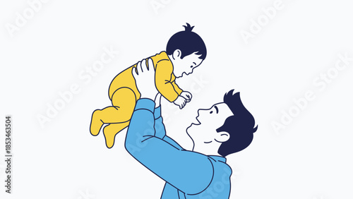 Father happily lifts his baby son up in the air.