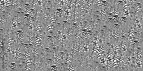 Monochrome abstract texture featuring dense clusters of black and white wavy lines and curved shapes creating a chaotic noisy visual effect across the frame
