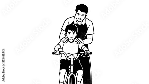 Father teaching son to ride a bicycle.