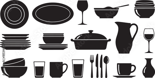 Black silhouettes of various dinnerware and utensils