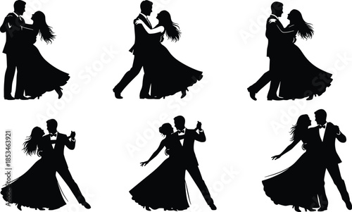 Vector Illustration of Dancing Couple Silhouette Set, Featuring Romantic Partners in Formal Wear for Wedding, Ballroom Dance, and Elegant Event Celebration Concepts