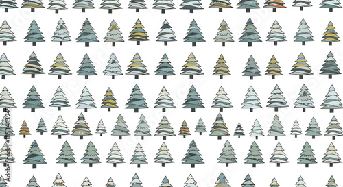 A dense grid of simple stylized evergreen trees with varying shades of green and white suggesting winter.