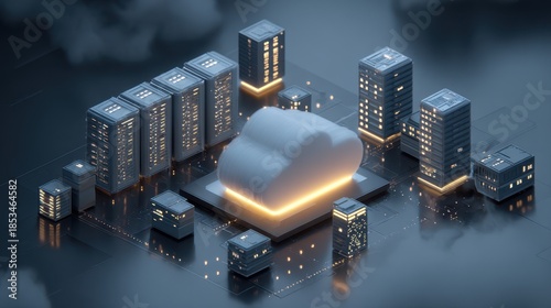 Isometric 3D illustration of cloud computing servers and data storage center
