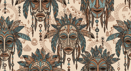 An intricate tribal mask pattern with feathers and geometric elements.