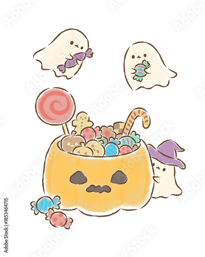 お菓子の山とお菓子を運ぶおばけ達の可愛いイラスト