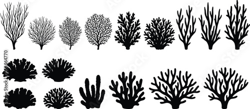 Black coral reef silhouettes vector set underwater marine plants isolated on white background illustration for ocean sea life design use
