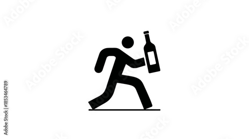 Running stick figure icon with a bottle, symbolizing urgency, celebration, or a hurried drink. Minimalist pictogram design.