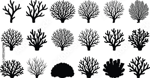 Black coral silhouettes vector set underwater reef shapes isolated on white background illustration for marine ocean design commercial use projects