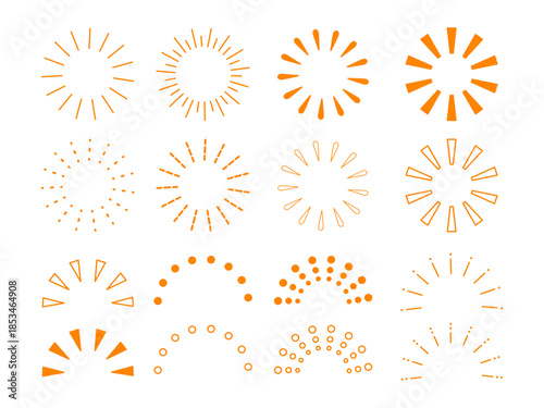 Set of various hand-drawn sunbursts and starbursts, radial lines, and dotted patterns on a white background.