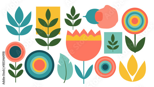 Colorful geometric floral elements set. Abstract stylized flowers and leaves. Modern flat design illustration.