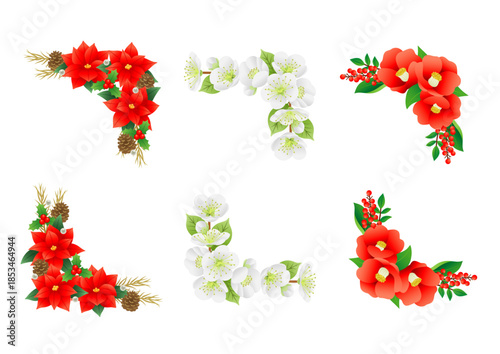 Set of festive floral corners with poinsettia, jasmine, and camellia flowers, perfect for holiday decorations and invitations.