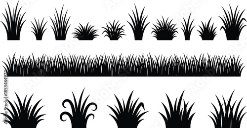Black grass silhouettes vector set of decorative plants bushes meadow borders isolated on white background illustration for landscape design elements