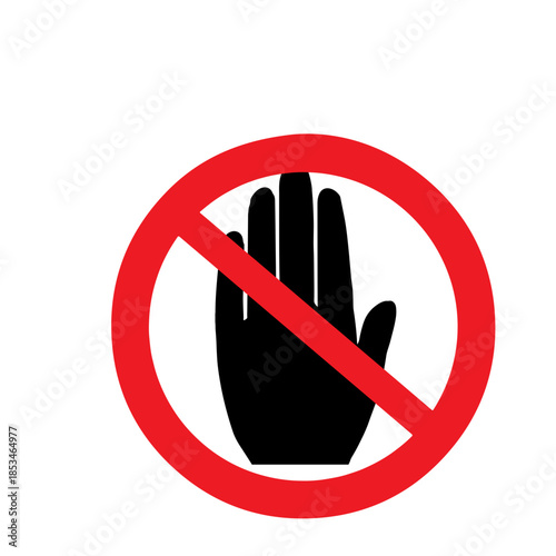 No entry sign with black hand in red circle, stop symbol, warning sign, vector illustration.
