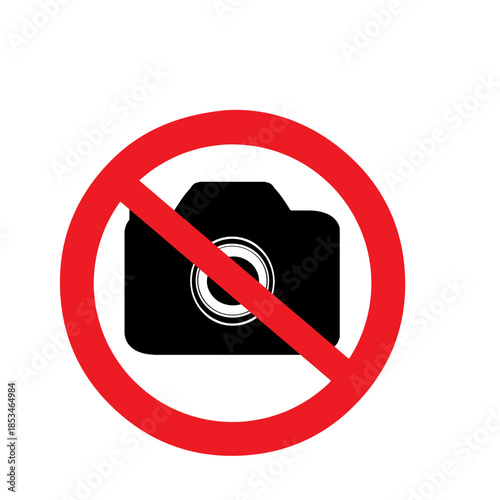No photography allowed sign with camera icon in red circle, isolated on white background, vector illustration.