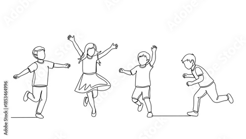 Happy Children Playing & Jumping - Continuous Line Art Illustration