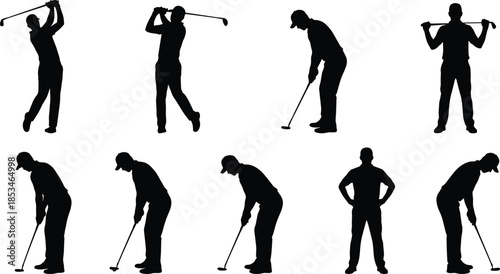 Black golfer silhouettes set showing golf swing putting stance isolated on white background vector illustration for sports design use