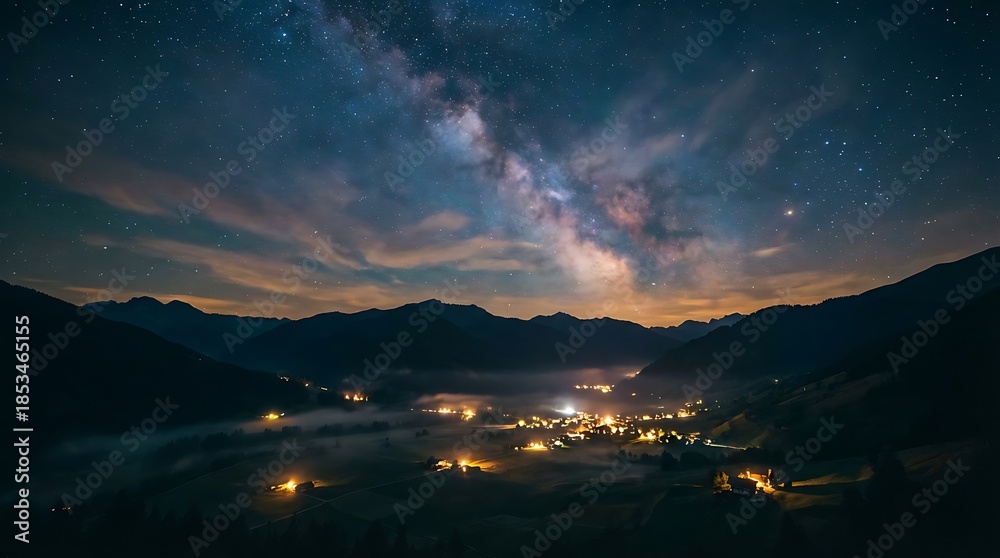 Fototapeta premium Serene night sky over a misty mountain village illuminated by distant lights under the Milky Way's glow