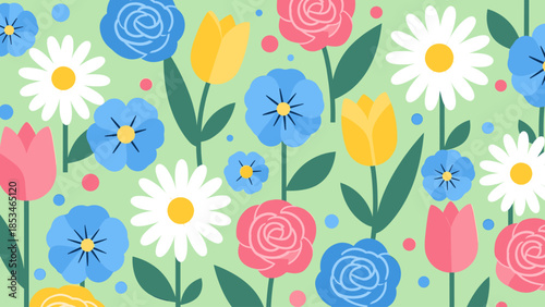 Vibrant Spring Flower Pattern. Flat Design Floral Background with Colorful Daisies, Tulips, and Roses on Green.
