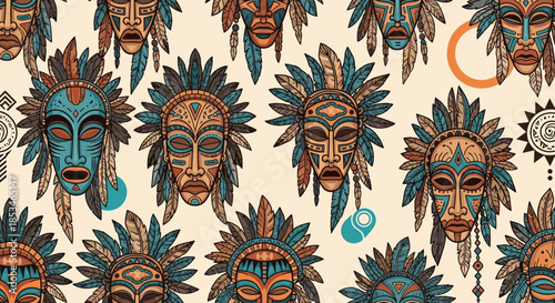 An intricate pattern of tribal masks adorns this vibrant and artistic fabric design.