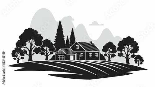 Rustic Farmhouse Surrounded by Lush Trees and Fields.