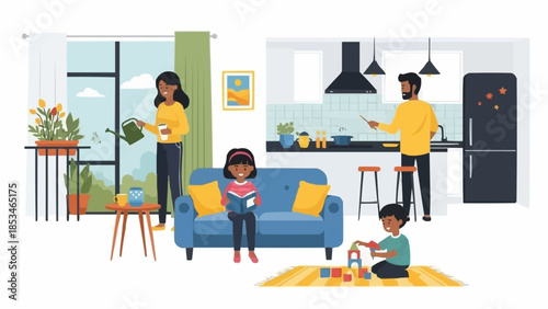 Family enjoying time together in a modern home setting.