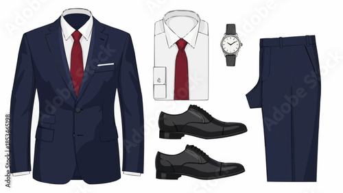 Formal Menswear Collection Navy Blue Suit and Accessories.