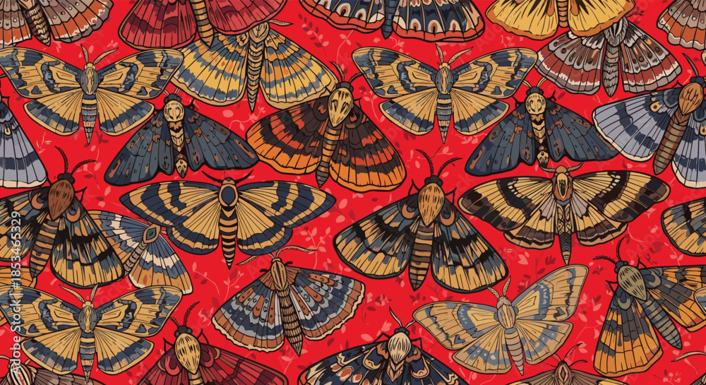 Fototapeta premium A vibrant and detailed close up pattern of many different types of moths with intricate wing designs on a bright red background.