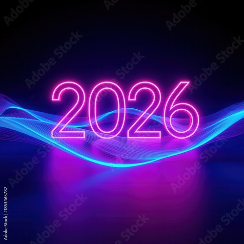 Bright neon 2026 numbers surrounded by glowing blue and pink light waves on a dark background. Perfect for New Year celebration, party posters, digital art, and modern futuristic design projects.