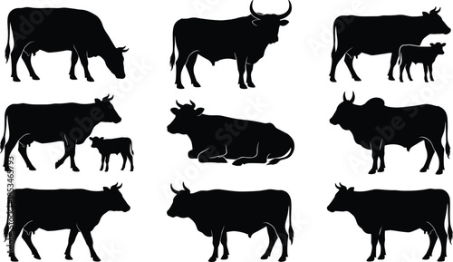 Cow and bull silhouettes vector set farm animals poses isolated on white background illustration for agriculture livestock design commercial use