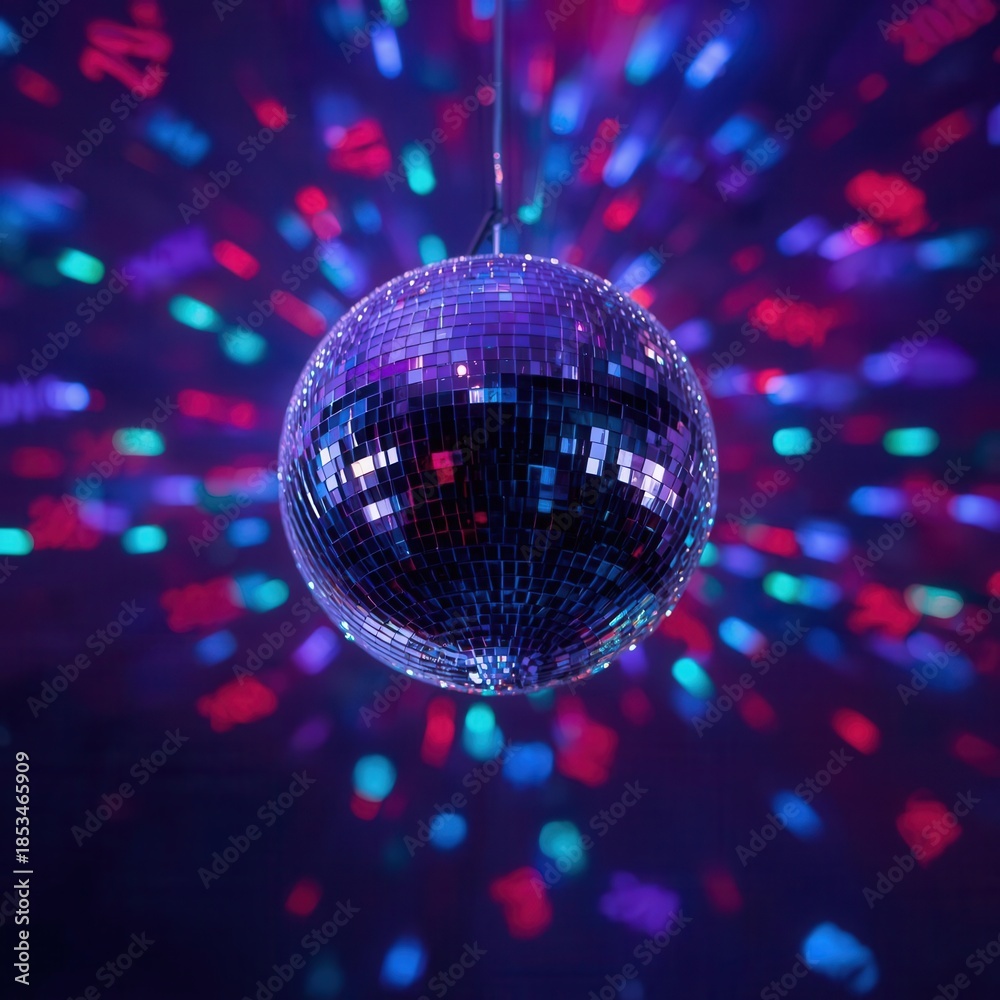 Fototapeta premium Sparkling disco ball reflecting colorful lights in blue, pink, and purple tones on a dark background. Perfect for party, dance, nightlife, and celebration design themes.