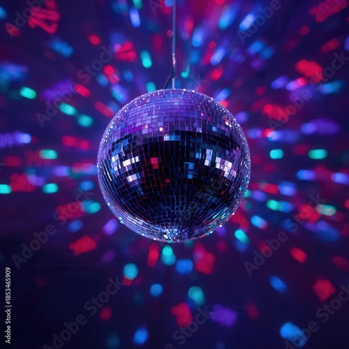 Sparkling disco ball reflecting colorful lights in blue, pink, and purple tones on a dark background. Perfect for party, dance, nightlife, and celebration design themes.