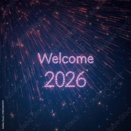 Bright “Welcome 2026” text illuminated with glowing lights and fireworks trails in a dark night sky. Perfect for New Year celebration, holiday greeting cards, and festive party designs.