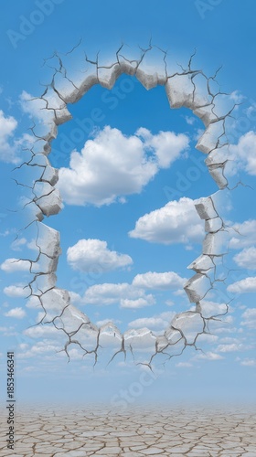 A surreal image depicting a cracked earth surface with a hole revealing a clear blue sky and fluffy clouds, symbolizing a contrast between desolation and hope.