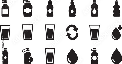 Black and white icons of various bottles and glasses