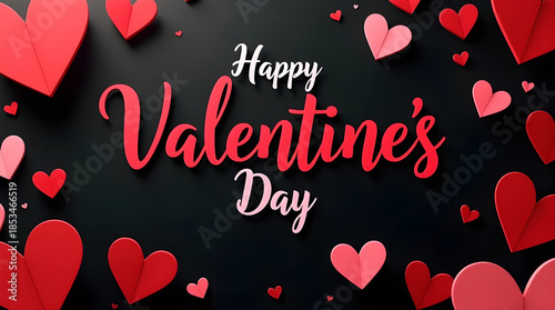 Black background with paper red hearts. The concept of Valentines Day, 14th February