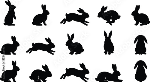 Rabbit silhouettes vector set bunny jumping sitting poses isolated on white background illustration for pet animal wildlife design projects use