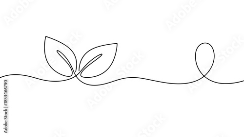 Minimalist continuous line drawing of two leaves and a swirl.