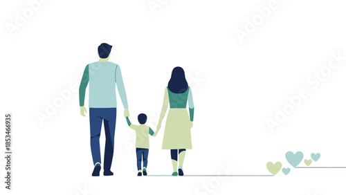Family walking together holding hands with child.
