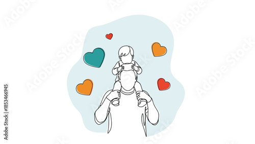 Father carrying child on shoulders surrounded by hearts.