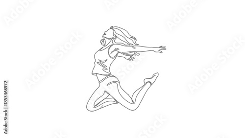 A dynamic line drawing captures a woman in mid-air, leaping with arms outstretched in a moment of pure exhilaration.