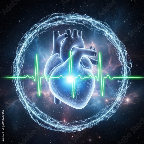 Surreal depiction of a human heart surrounded by cosmic energy and vital signs monitoring