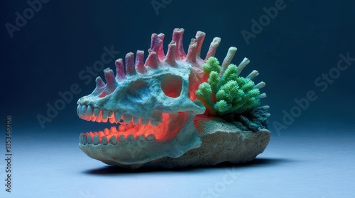 A vibrant, artistic representation of a skeletal fish intertwined with colorful coral, highlighting the intersection of marine life and art.