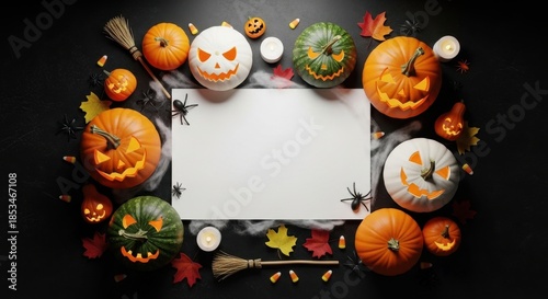 Spooky Halloween arrangement with carved pumpkins and blank card for message