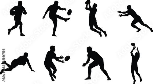 Rugby player silhouettes vector set tackling passing kicking actions isolated on white background illustration for sport fitness design commercial use
