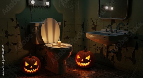 Spooky Halloween bathroom with eerie pumpkins and a candle on the toilet seat creating a strange