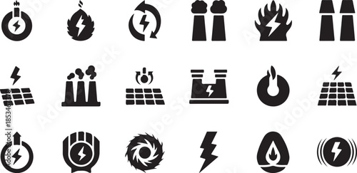 Black and white icons of various energy sources and symbols